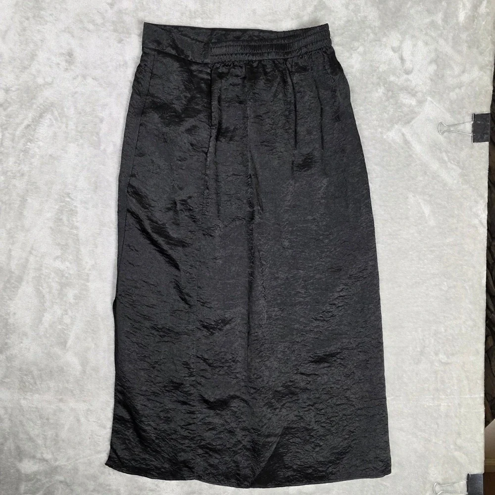 High Waisted Pencil Midi Skirt Textured Crinkle Front Slit Women XL Black GOOD